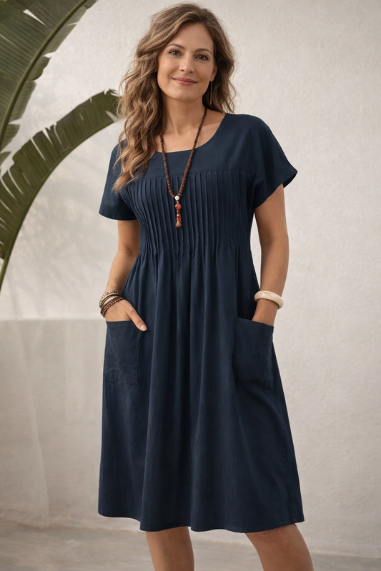 Carol | Relaxed Pleated Cotton Midi Dress with Pockets