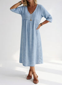 Carol | Relaxed V-Neck Midi Dress with Embroidered Trim