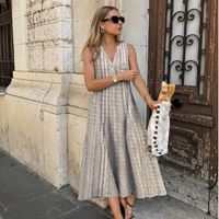 Carol | Striped Linen Midi Dress with Button Front