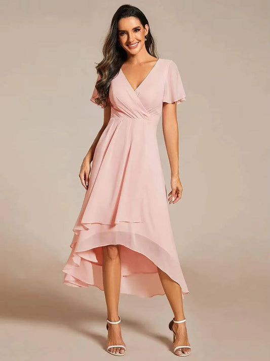 Carol | Wrap V-Neck Wedding Guest Midi Dress With High-Low Hem