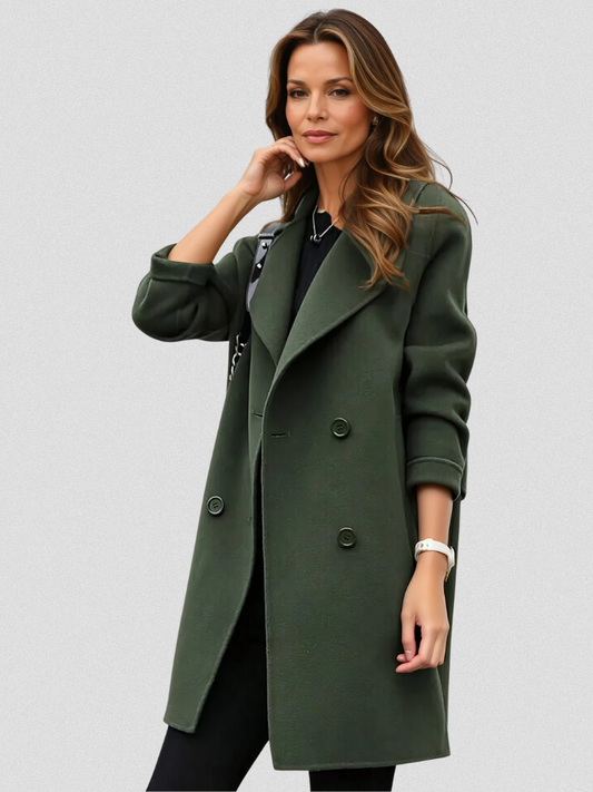 Cathy | Double Breasted Long Coat with Notch Lapel