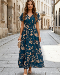 Cheryl | Floral V-Neck Maxi Dress with Flutter Sleeves