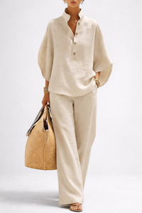 Cheryl | Linen Two Piece Set with Wide Leg Pants and Stand Collar