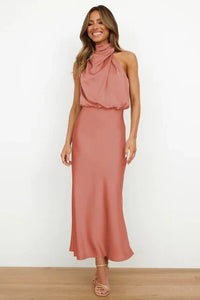 Connie | Halter Cowl Neck Satin Midi Dress