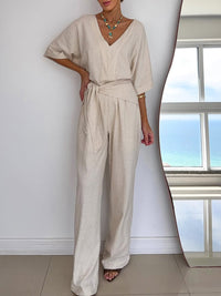 Connie | V-Neck Belted Wide Leg Linen Jumpsuit