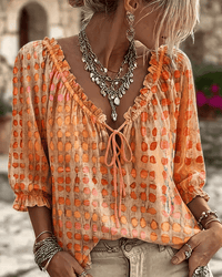 Cynthia | Polka Dot Print Lace-Up V-Neck Blouse With Puff Sleeves