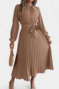 Dawn | Long Sleeve High Neck Pleated Midi Dress With Belt