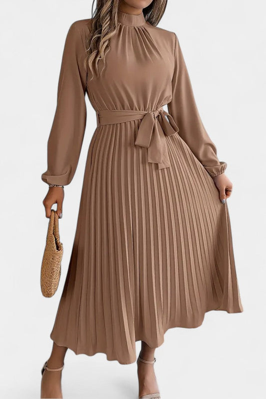 Dawn | Long Sleeve High Neck Pleated Midi Dress With Belt