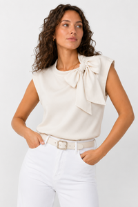 Deborah | Elegant Bow Tie Top with Crew Neck and Cap Sleeves