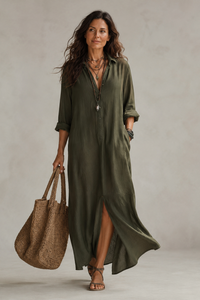 Deborah | Linen Shirt Dress With Front Slit And Long Sleeves