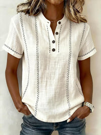 Denise | Casual Cotton Henley Top With Striped Stitch Detail