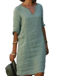 Denise | Linen Midi Dress with V-Neck and 3/4 Sleeves