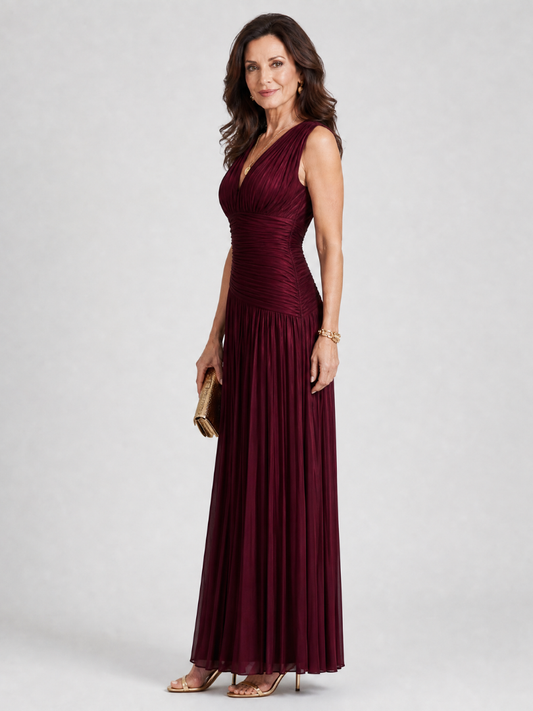 Denise | Sleeveless Pleated V Neck Midi Dress