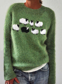 Diane | Crew Neck Sheep Intarsia Knit Sweater