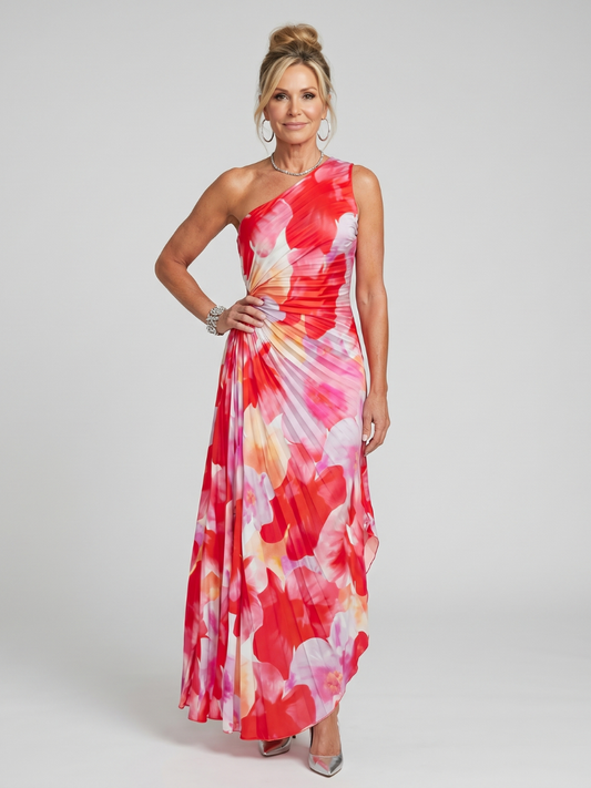 Diane | One Shoulder Pleated Floral Midi Dress