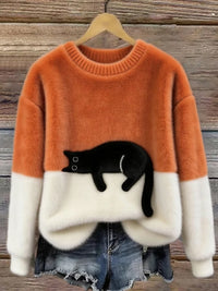 Donna | Colorblock Cat Patch Crew Neck Sweater