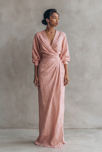Donna | Linen V Neck Maxi Dress with Draped Wrap Waist
