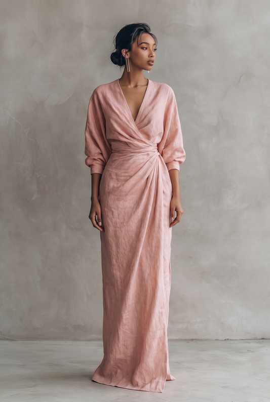 Donna | Linen V Neck Maxi Dress with Draped Wrap Waist