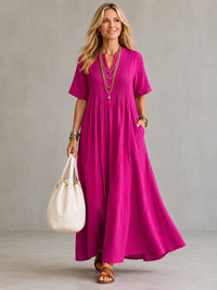 Donna | Pleated Linen Maxi Dress with Pintuck Bodice