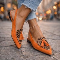 Donna | Pointed Toe Leopard Print Slingback Flats with Tassel Detail