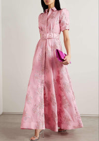 Gail | Floral Jacquard Maxi Dress with Puff Sleeves and Belted Waist