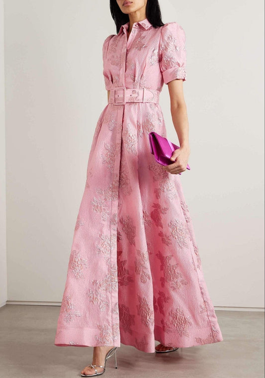 Gail | Floral Jacquard Maxi Dress with Puff Sleeves and Belted Waist
