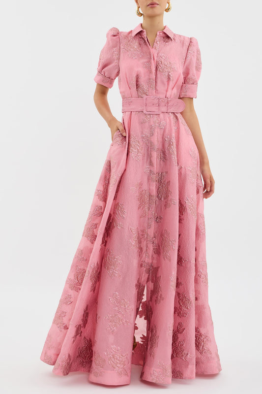 Gail | Floral Jacquard Maxi Dress with Puff Sleeves and Belted Waist
