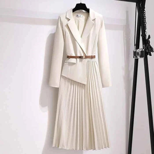 Jill | Belted Blazer Midi Dress with Pleated Skirt