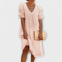 Joan | Linen Look Midi Dress with Puff Sleeves and Side Slit