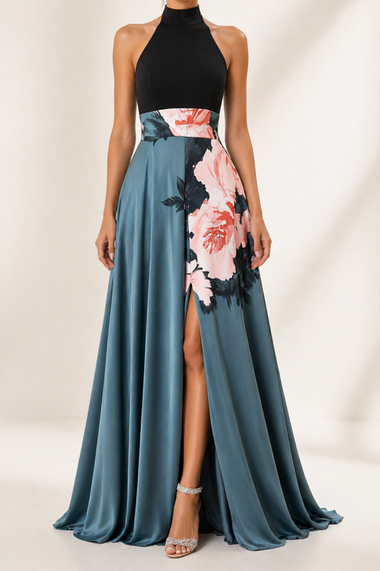 Julie | Elegant Halter Floral Slit Maxi Dress