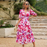 Julie | V-Neck Floral Midi Dress with Puff Sleeves