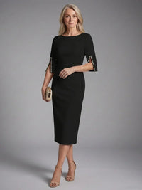 Karen | Pearl Trim Split Sleeve Fitted Midi Dress