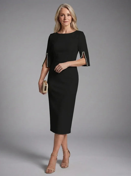 Karen | Pearl Trim Split Sleeve Fitted Midi Dress