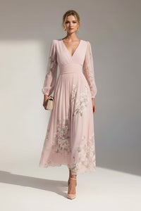 Kelly | Floral Midi Dress with V-Neck and Long Sleeves