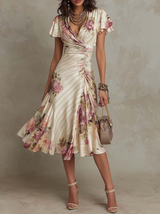 Kelly | Floral Wrap Midi Dress with Ruched Waist