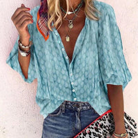 Kimberly | Button Front Blouse with Printed Half Sleeves and V Neck