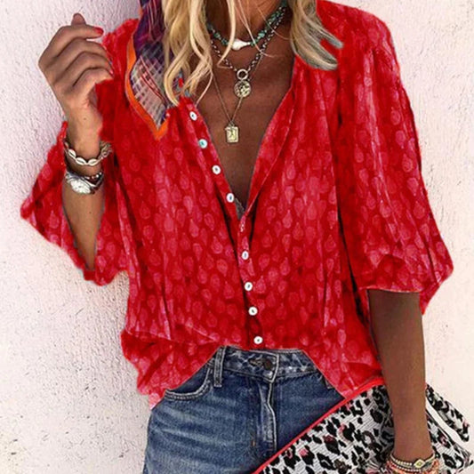 Kimberly | Button Front Blouse with Printed Half Sleeves and V Neck
