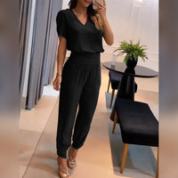 Kimberly | V-Neck Wide Leg Jumpsuit with Short Sleeves