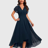 Kimberly | V-Neck Wrap Midi Dress with Flutter Sleeves