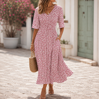 Laura | Pink Dot Print V-Neck Midi Dress with Short Sleeves
