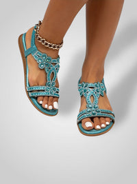 Laura | Rhinestone T-Strap Flat Sandals