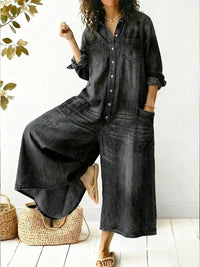 Laura | Wide Leg Denim Jumpsuit With Button Front
