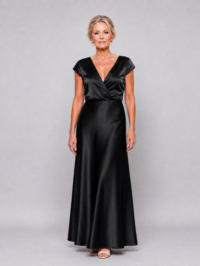 Linda | Metallic Wrap Maxi Dress with Cap Sleeves