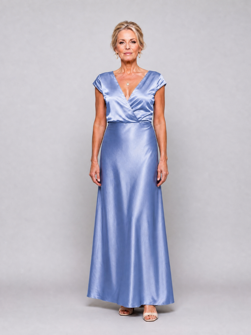Linda | Metallic Wrap Maxi Dress with Cap Sleeves