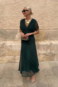 Lisa | Elegant V-Neck Wrap Maxi Dress with Sheer Sleeves