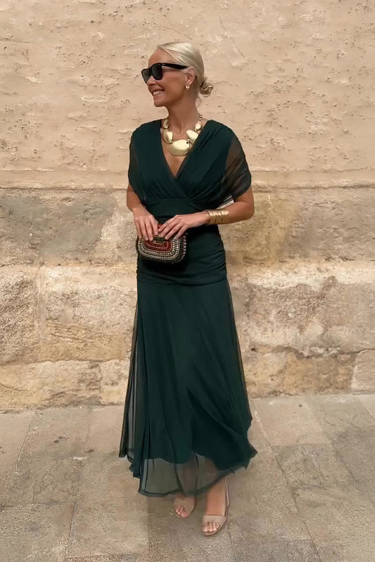 Lisa | Elegant V-Neck Wrap Maxi Dress with Sheer Sleeves