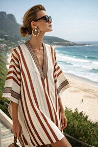 Lisa | Striped Linen Beach Dress with Beaded V-Neck Trim