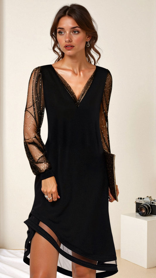Lisa | V-Neck Mesh Sleeve Cocktail Mini Dress