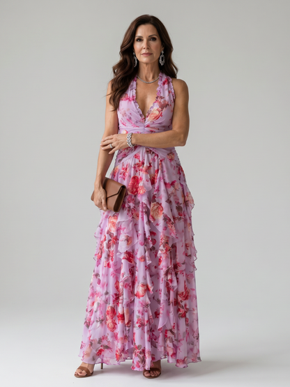 Lynn | Halter Neck Floral Ruffle Maxi Dress