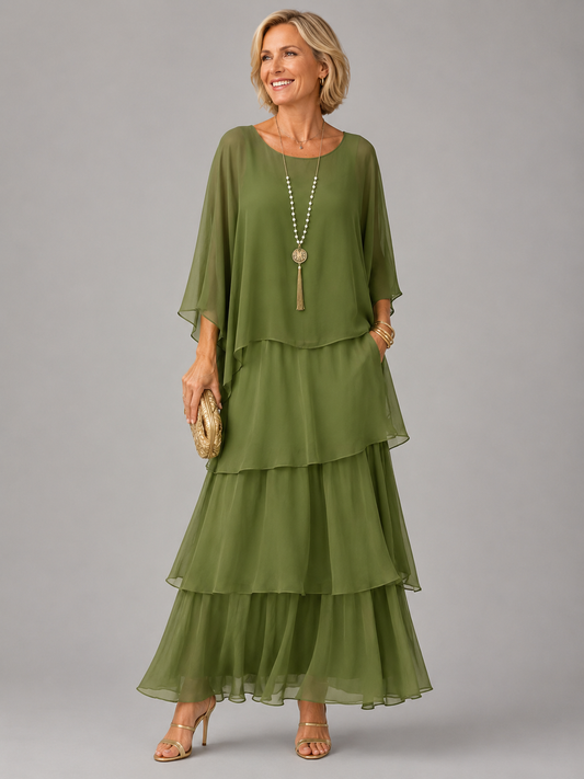 Marie | Tiered Ruffle Maxi Dress with Sheer Cape Sleeves